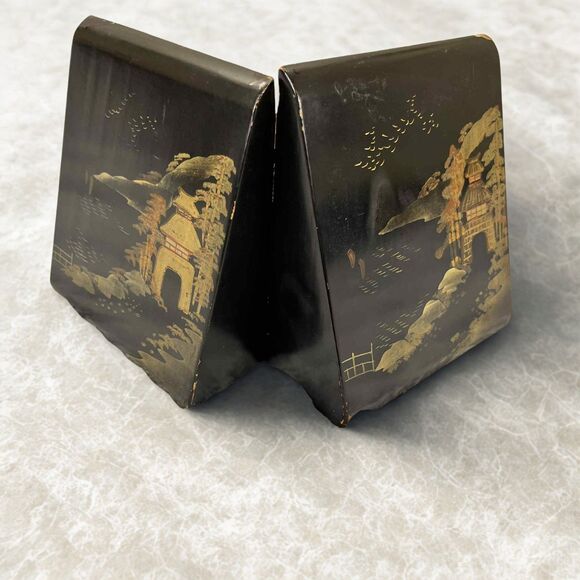 Unbranded Other - Vintage Bookends Japan Black Lacquer Pagoda Landscape Hand Painted Asian Decor